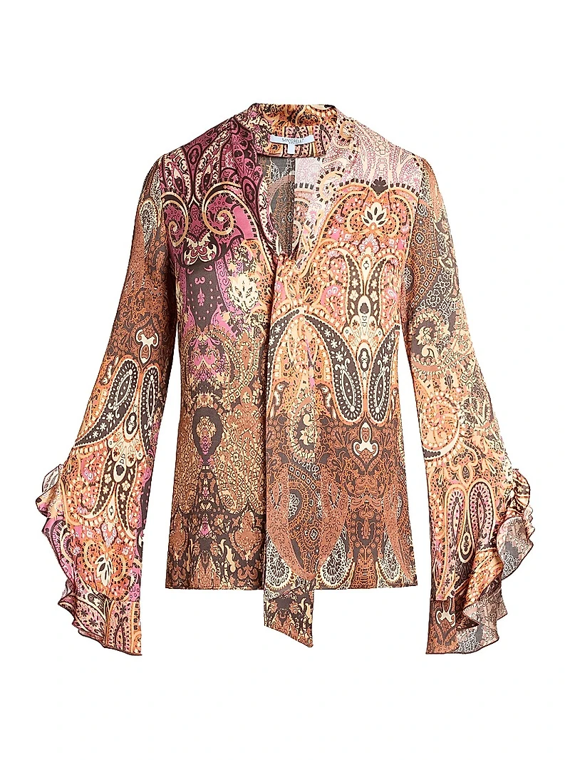 Paisley Tieneck Bell-Sleeve Blouse