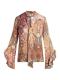 Paisley Tieneck Bell-Sleeve Blouse