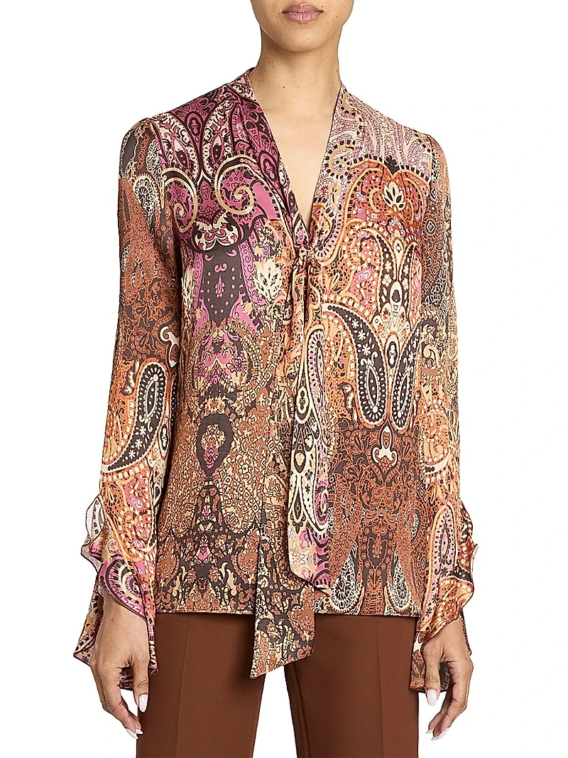 Paisley Tieneck Bell-Sleeve Blouse