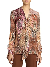Paisley Tieneck Bell-Sleeve Blouse
