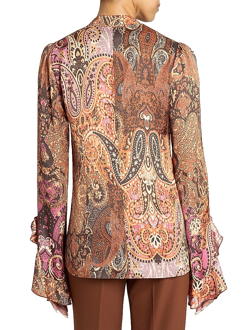 Paisley Tieneck Bell-Sleeve Blouse