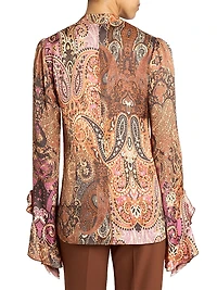 Paisley Tieneck Bell-Sleeve Blouse