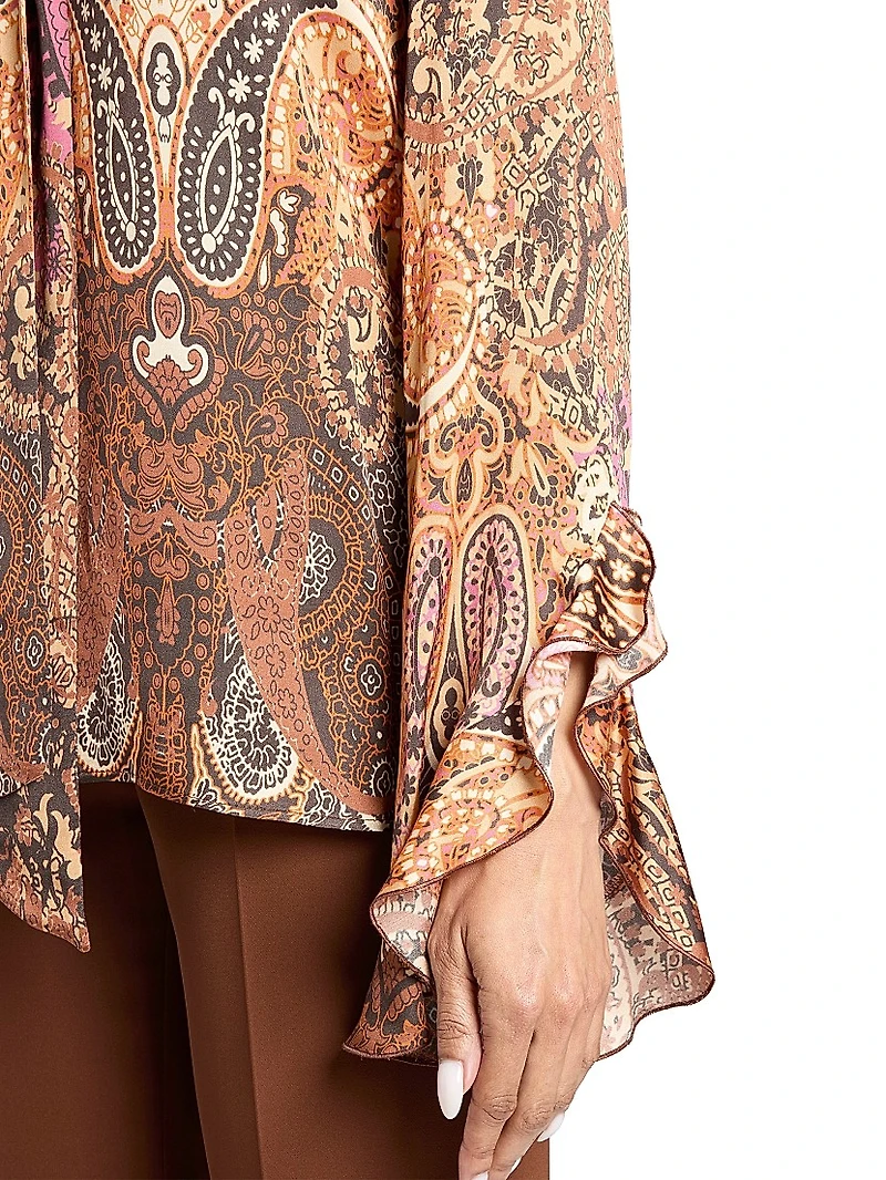 Paisley Tieneck Bell-Sleeve Blouse