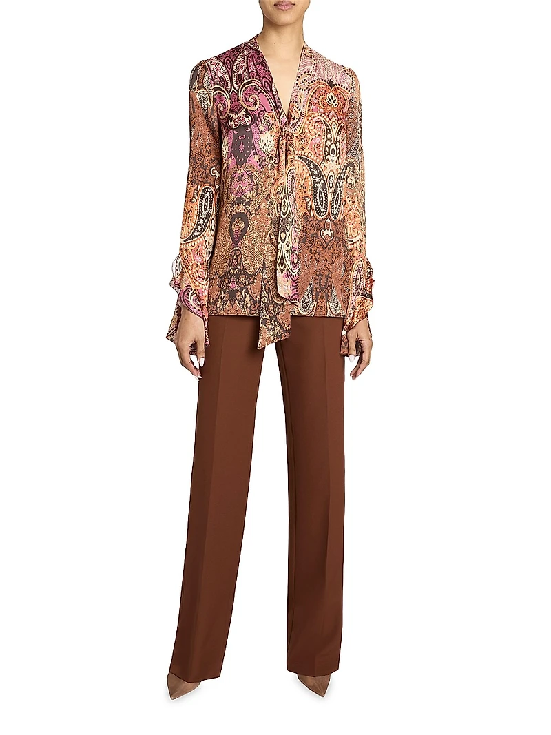 Paisley Tieneck Bell-Sleeve Blouse
