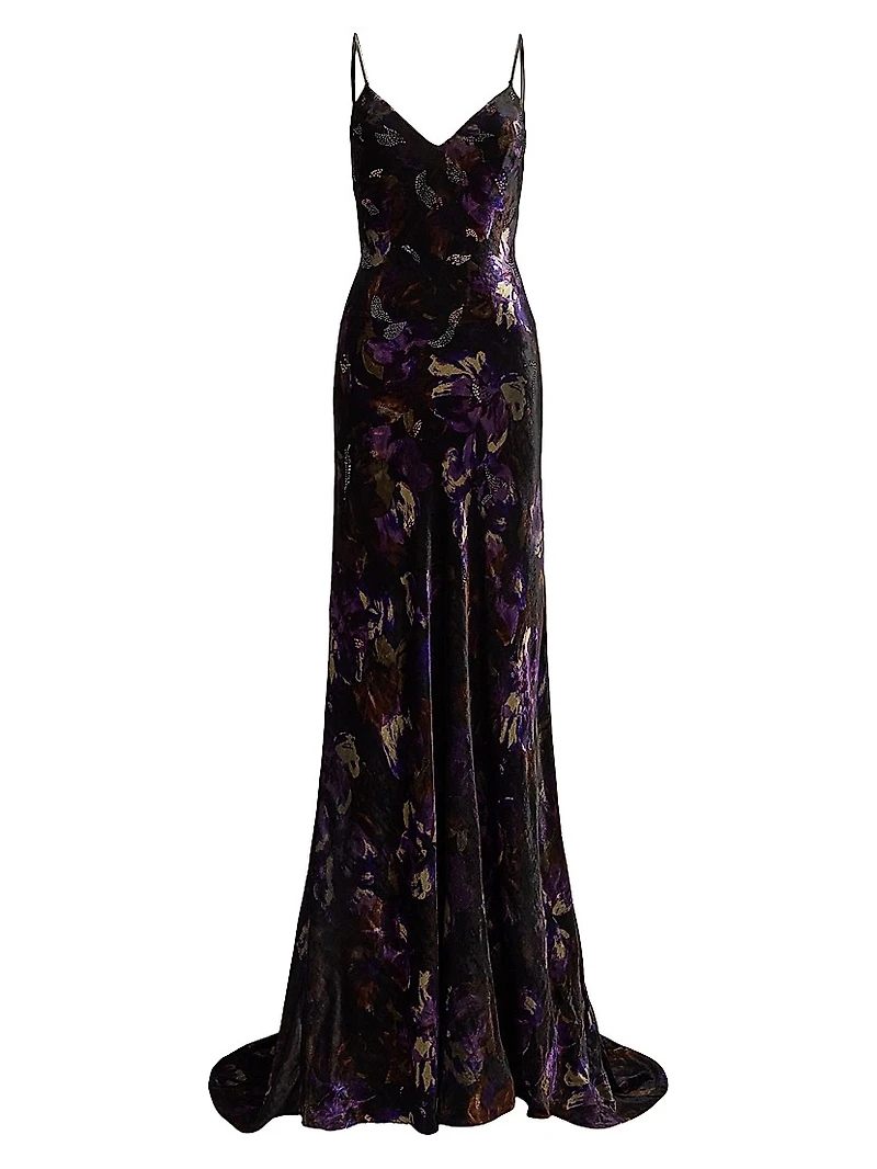 Shayna Embellished Floral Velvet Gown