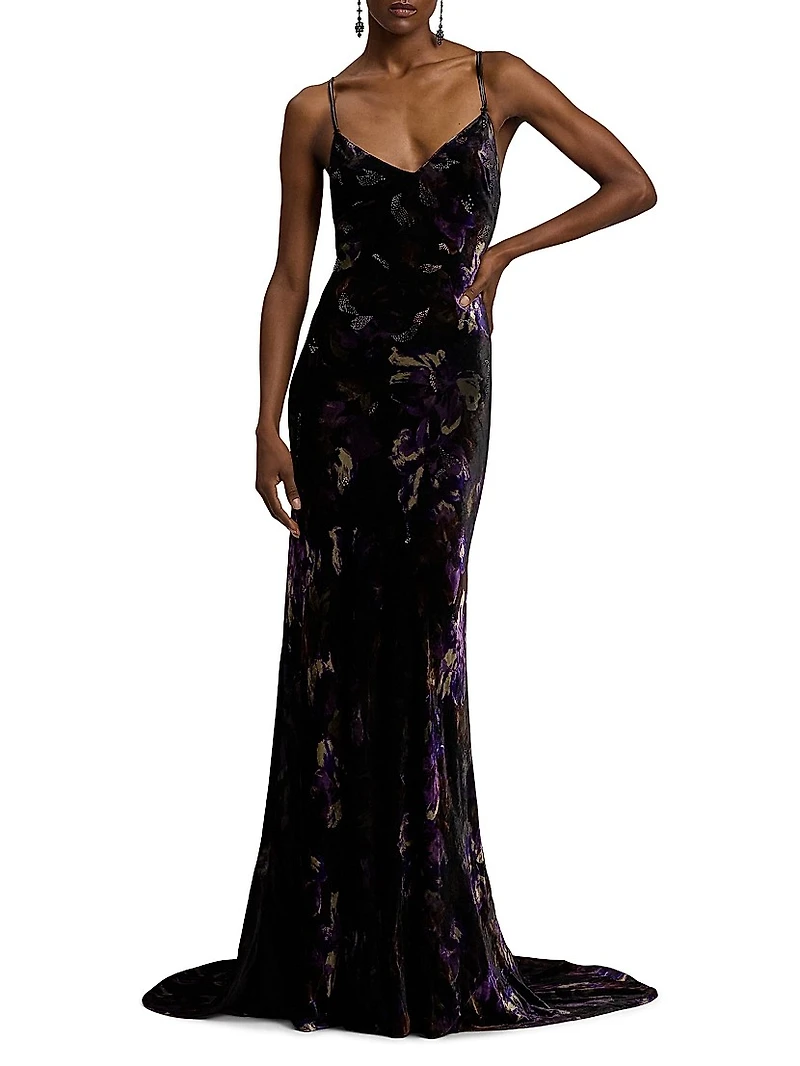 Shayna Embellished Floral Velvet Gown