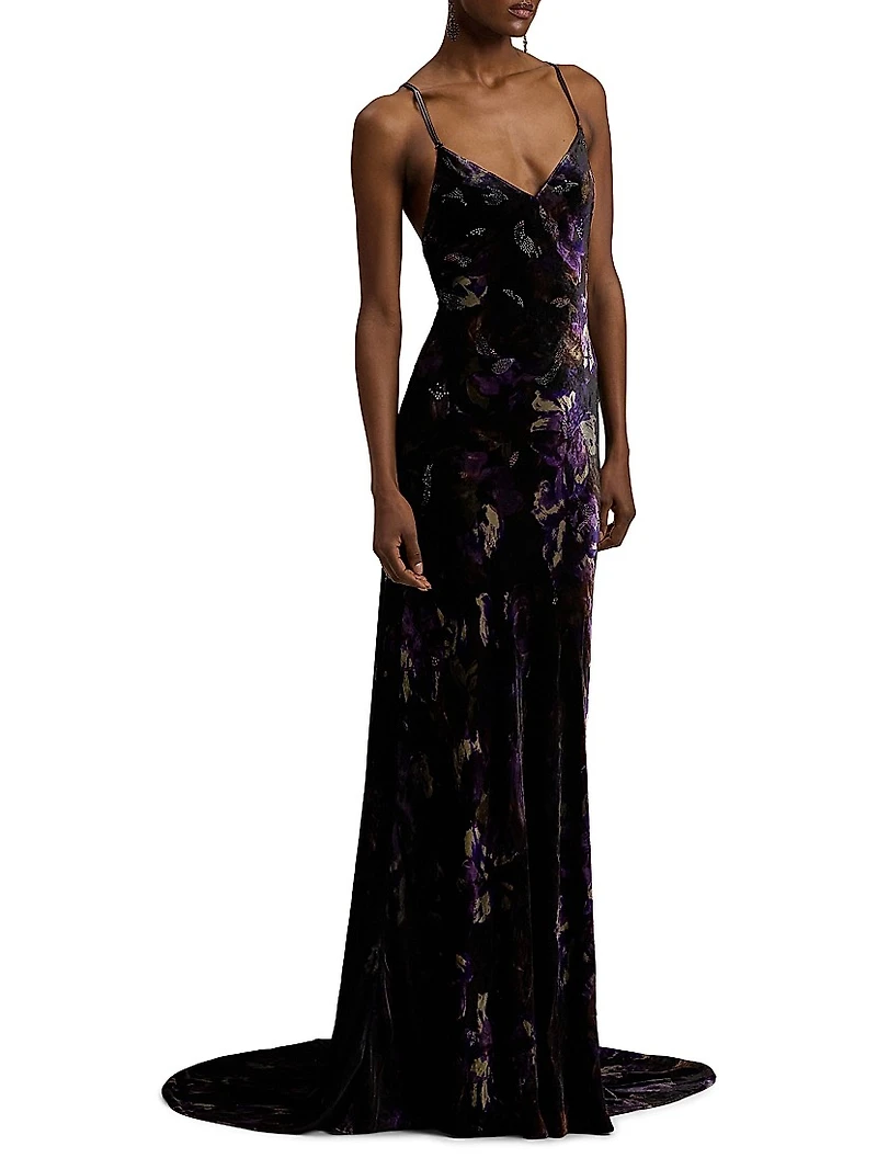 Shayna Embellished Floral Velvet Gown