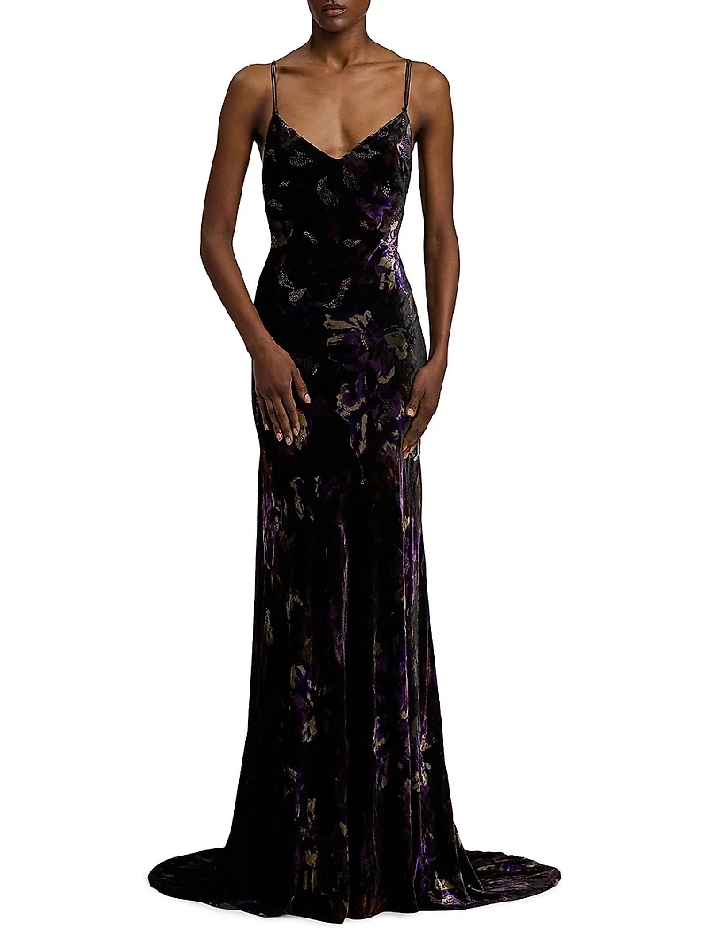 Shayna Embellished Floral Velvet Gown