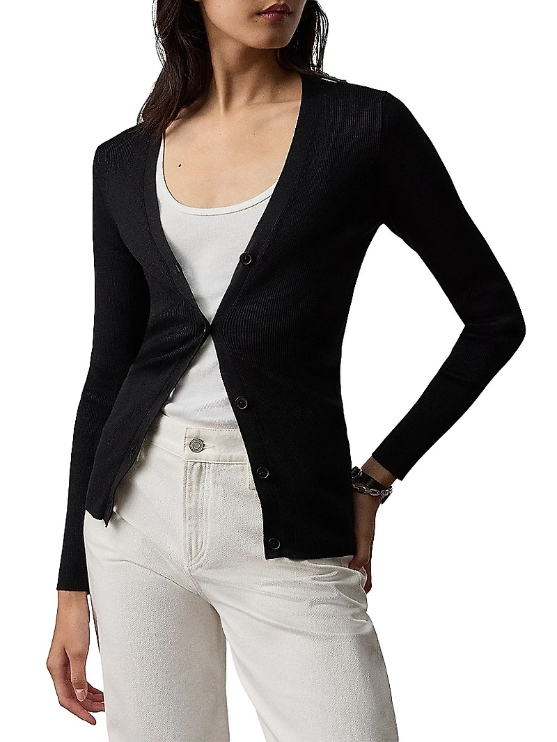 Silk Rib-Knit V-Neck Cardigan