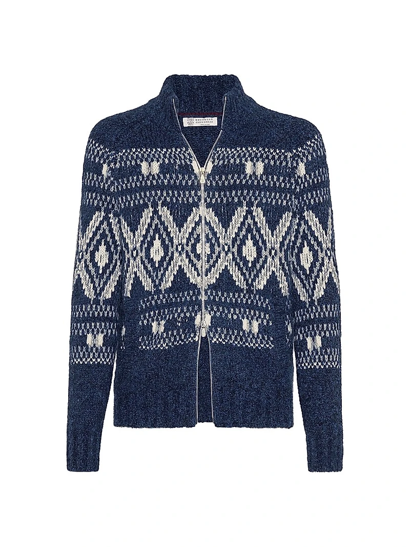 Geometric Jacquard Cardigan with Zipper