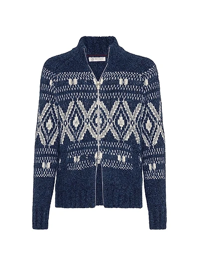 Geometric Jacquard Cardigan with Zipper