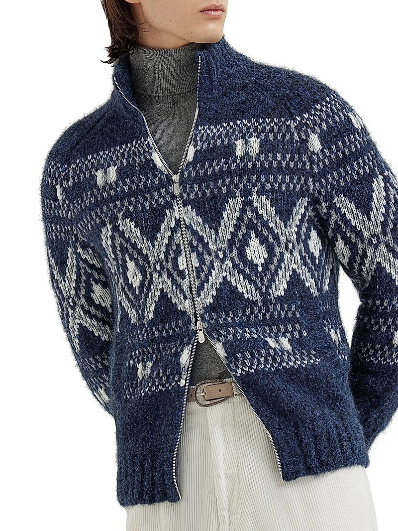 Geometric Jacquard Cardigan with Zipper