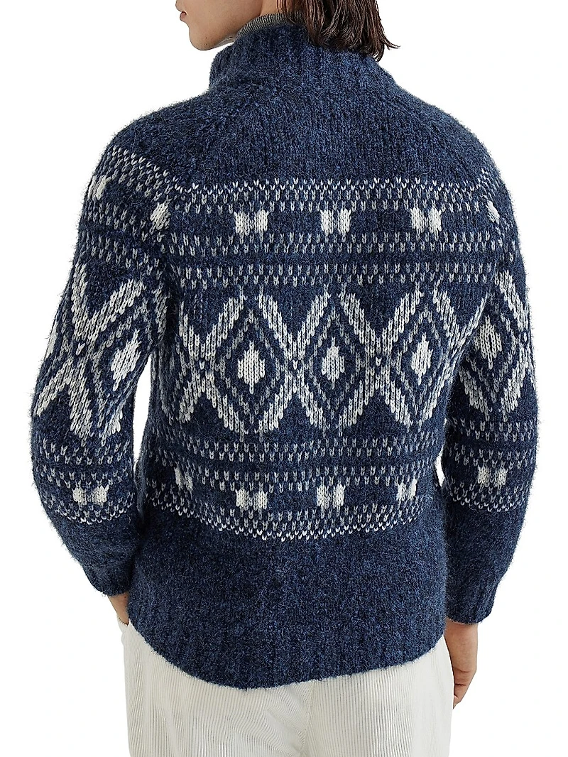 Geometric Jacquard Cardigan with Zipper