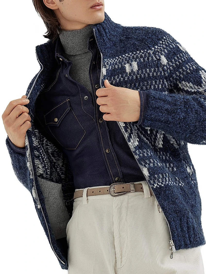 Geometric Jacquard Cardigan with Zipper