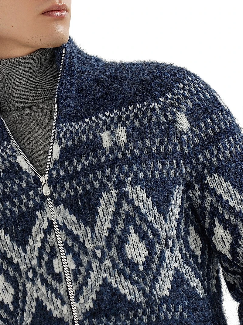 Geometric Jacquard Cardigan with Zipper