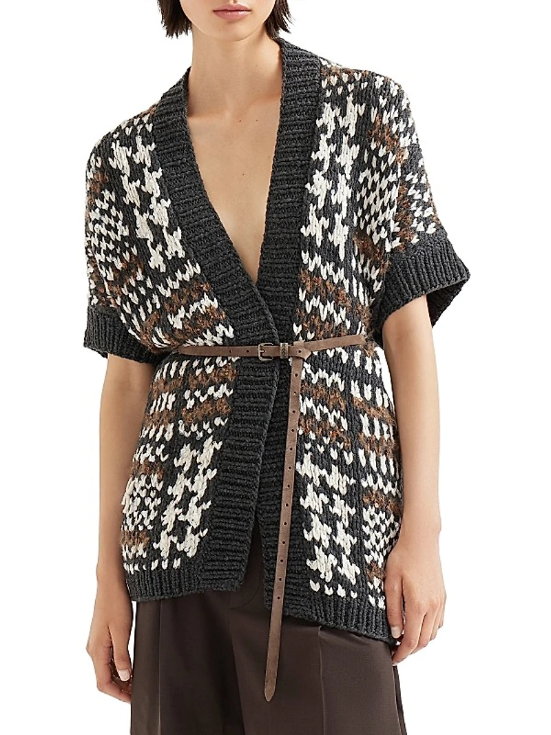 Handmade Prince of Wales Opera Cardigan in Cashmere Cotton and Alpaca with Belt
