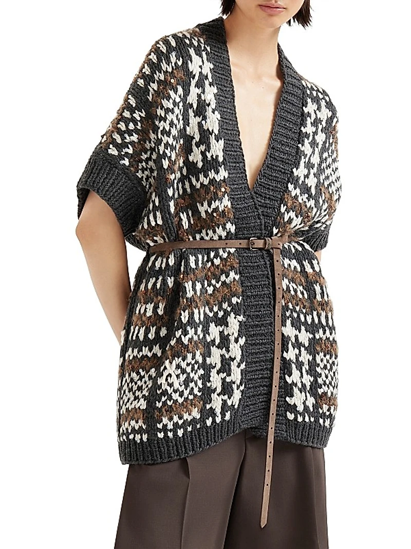 Handmade Prince of Wales Opera Cardigan in Cashmere Cotton and Alpaca with Belt