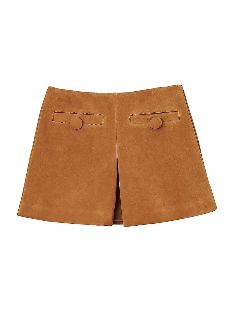 Box Pleat A-Line Suede Miniskirt
