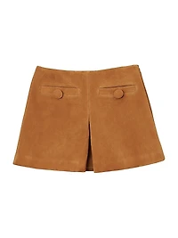 Box Pleat A-Line Suede Miniskirt