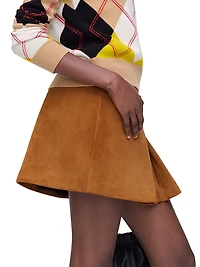 Box Pleat A-Line Suede Miniskirt
