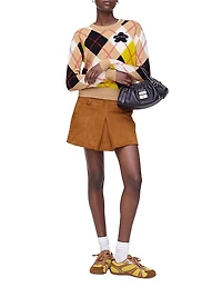 Box Pleat A-Line Suede Miniskirt