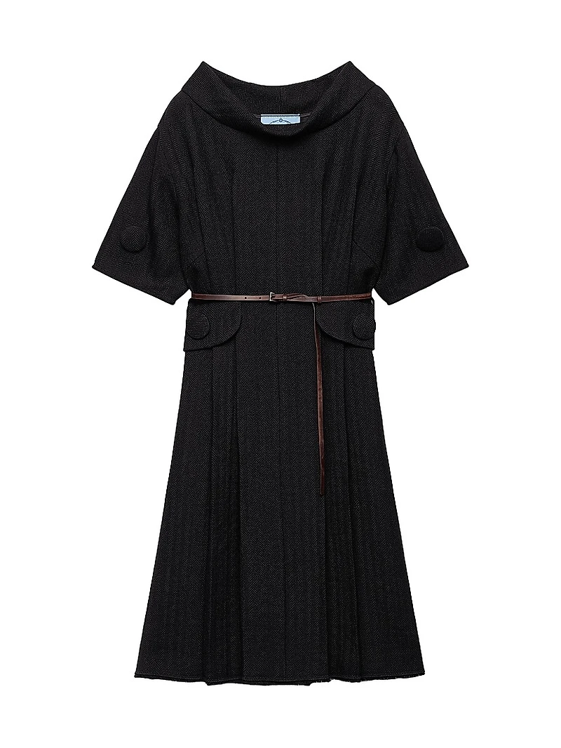 Short Sleeve Chevron Wool Dress with Belt