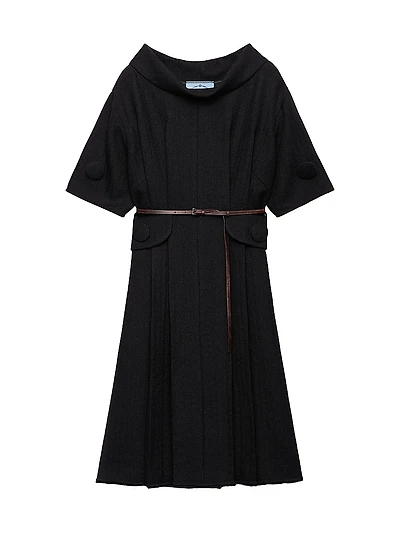 Short Sleeve Chevron Wool Dress with Belt