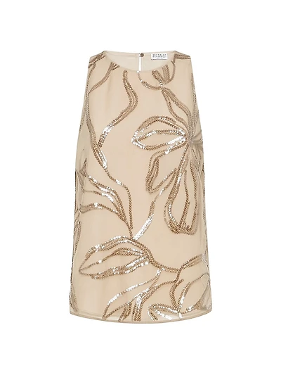 Crispy Silk Top with Dazzling Floral Embroidery