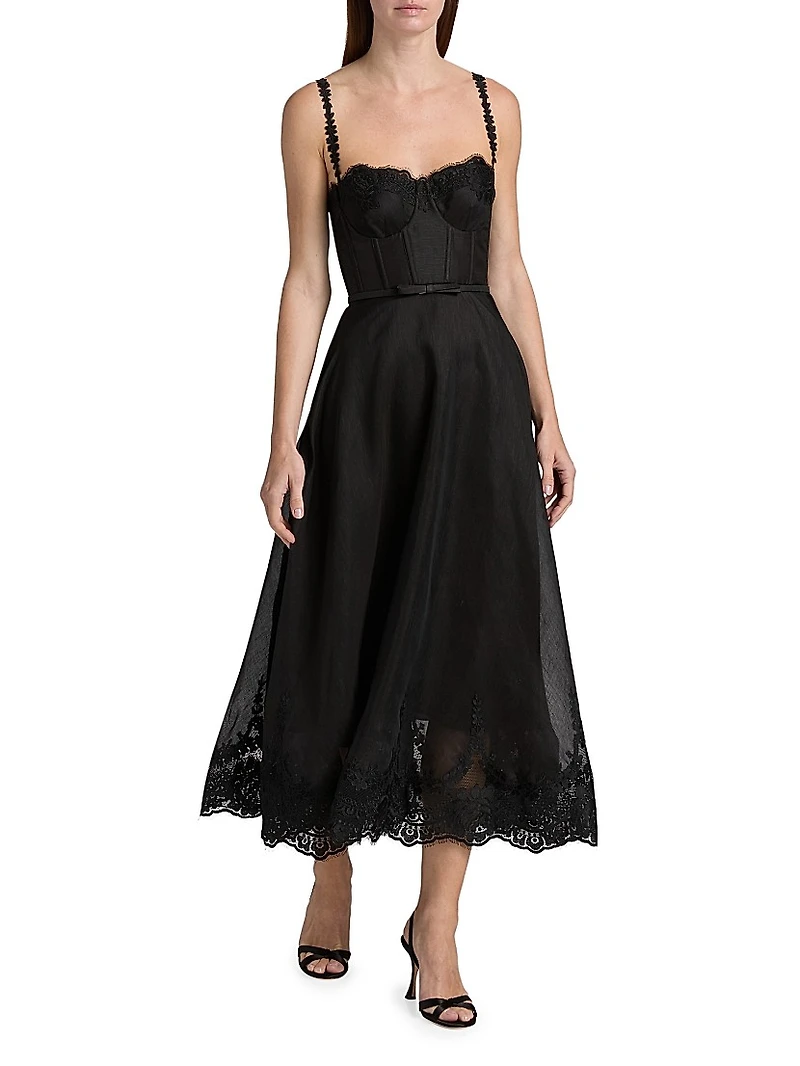 Hypnotic Linen-Silk Lace-Trim Midi-Dress