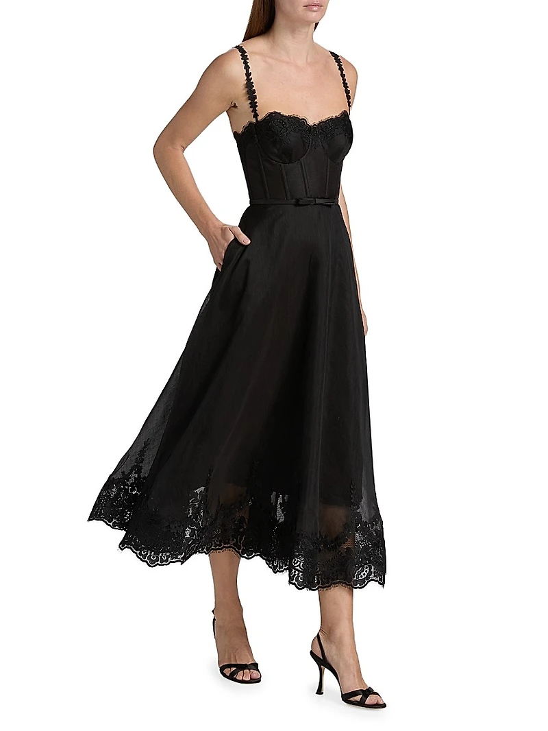 Hypnotic Linen-Silk Lace-Trim Midi-Dress