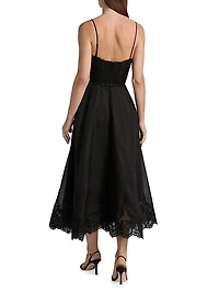 Hypnotic Linen-Silk Lace-Trim Midi-Dress