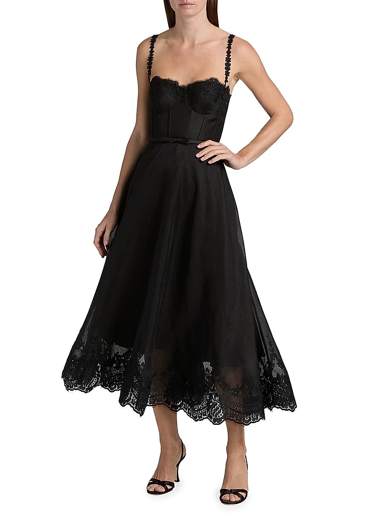 Hypnotic Linen-Silk Lace-Trim Midi-Dress