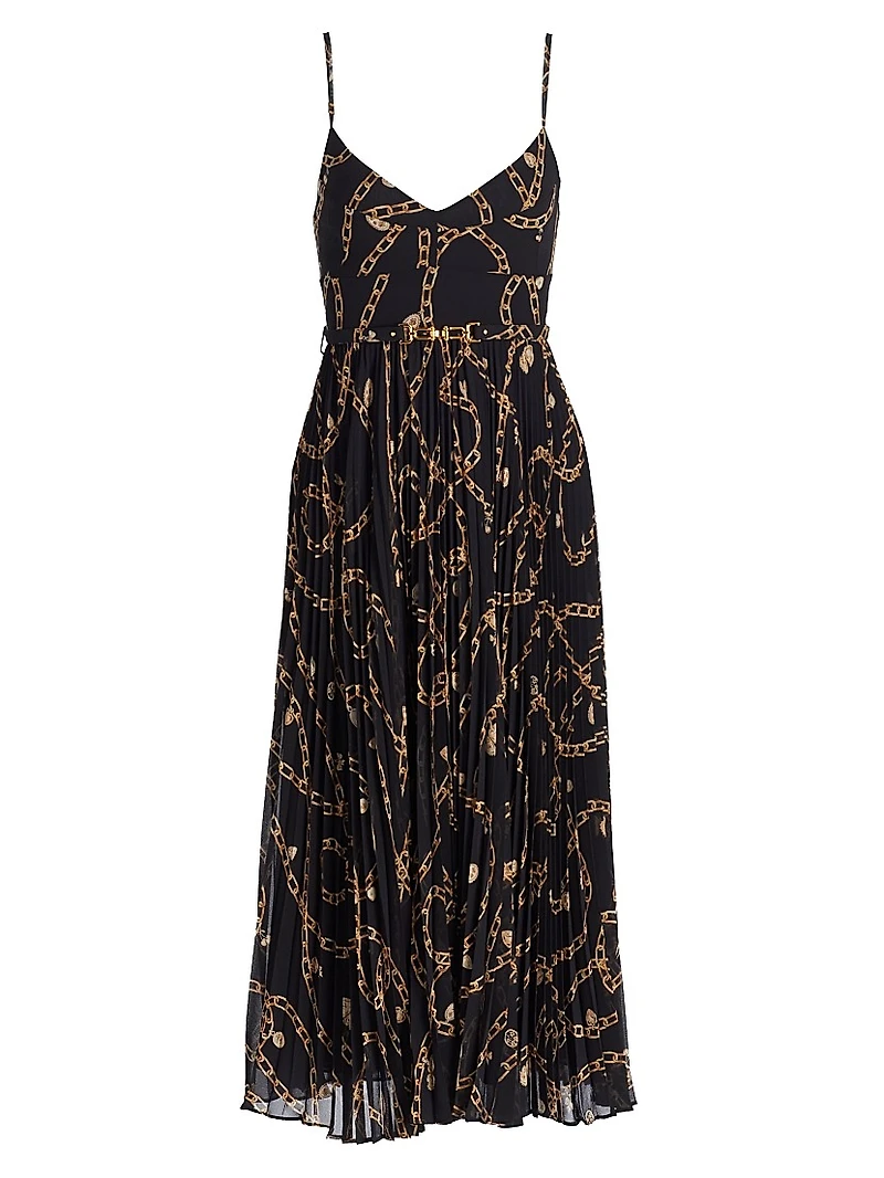 Printed Sunray-Pleated Belted Midi-Dress