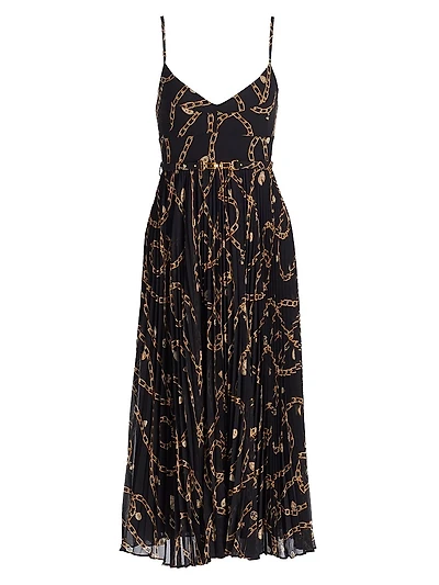 Printed Sunray-Pleated Belted Midi-Dress