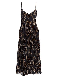 Printed Sunray-Pleated Belted Midi-Dress