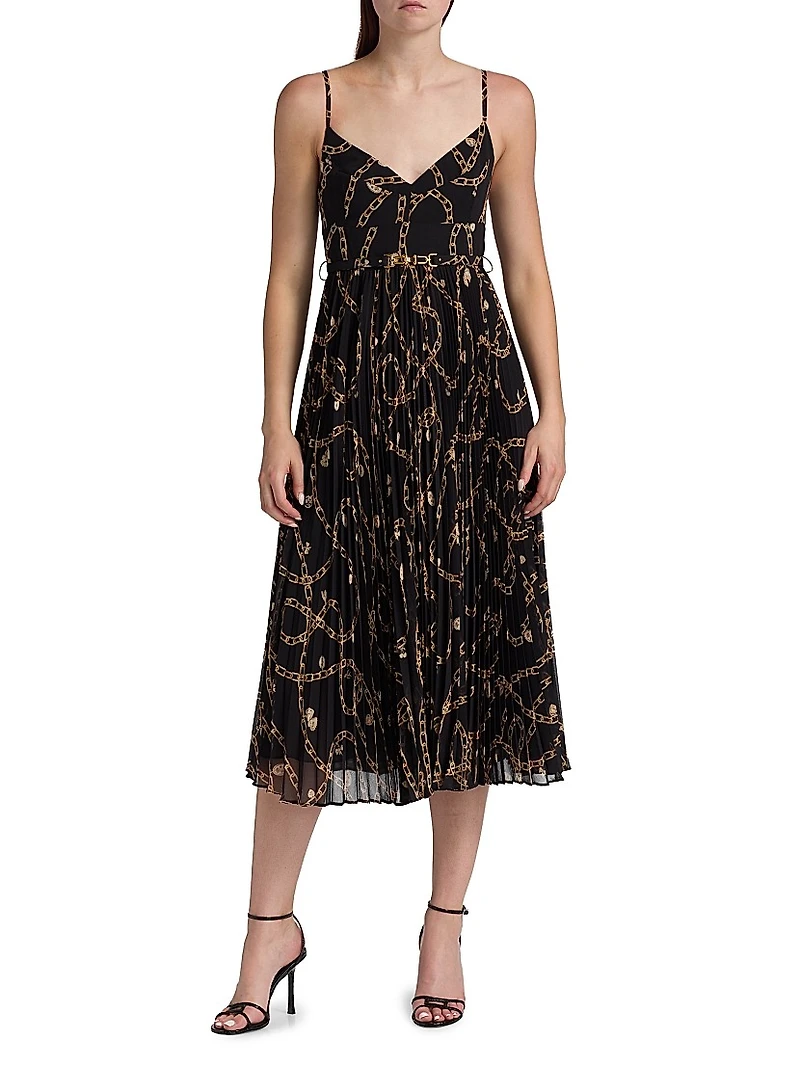 Printed Sunray-Pleated Belted Midi-Dress