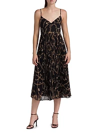 Printed Sunray-Pleated Belted Midi-Dress