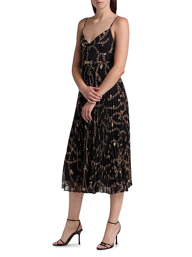 Printed Sunray-Pleated Belted Midi-Dress