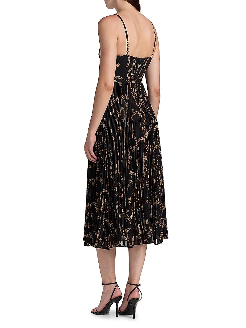 Printed Sunray-Pleated Belted Midi-Dress