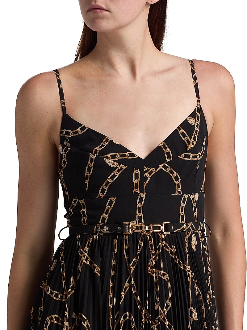 Printed Sunray-Pleated Belted Midi-Dress
