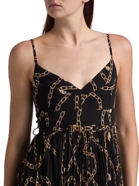 Printed Sunray-Pleated Belted Midi-Dress