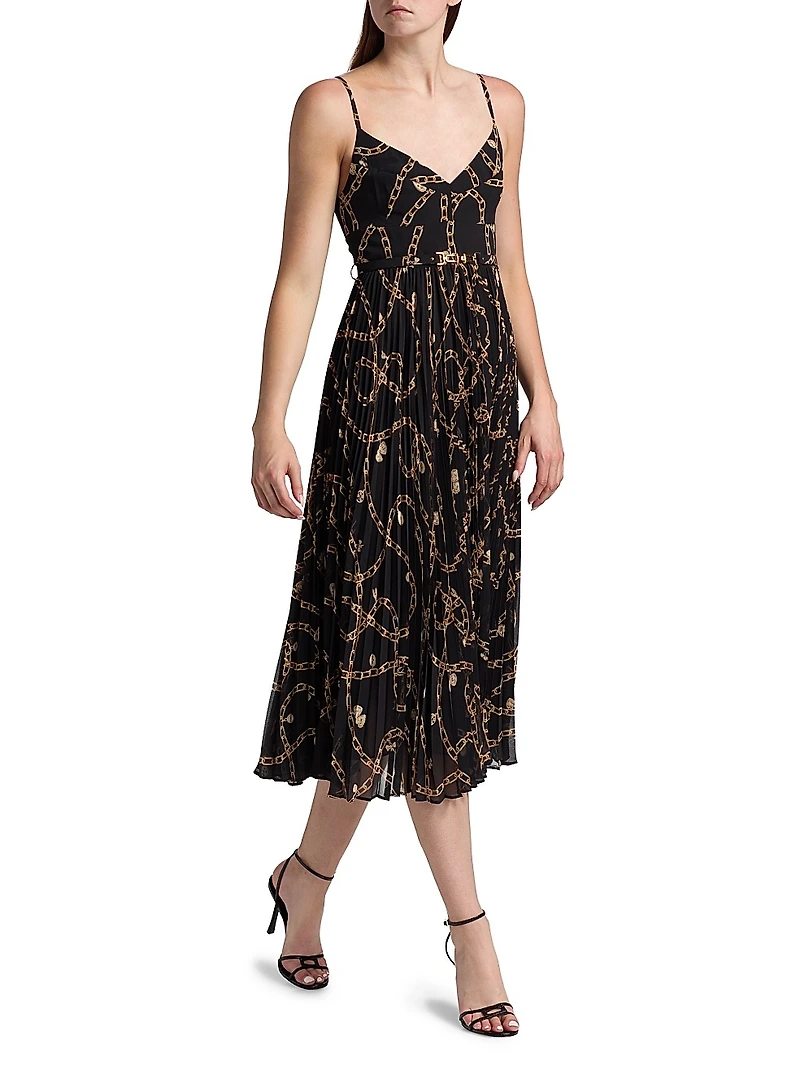Printed Sunray-Pleated Belted Midi-Dress