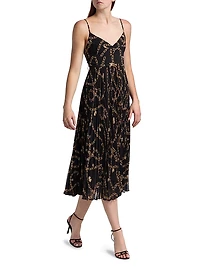 Printed Sunray-Pleated Belted Midi-Dress