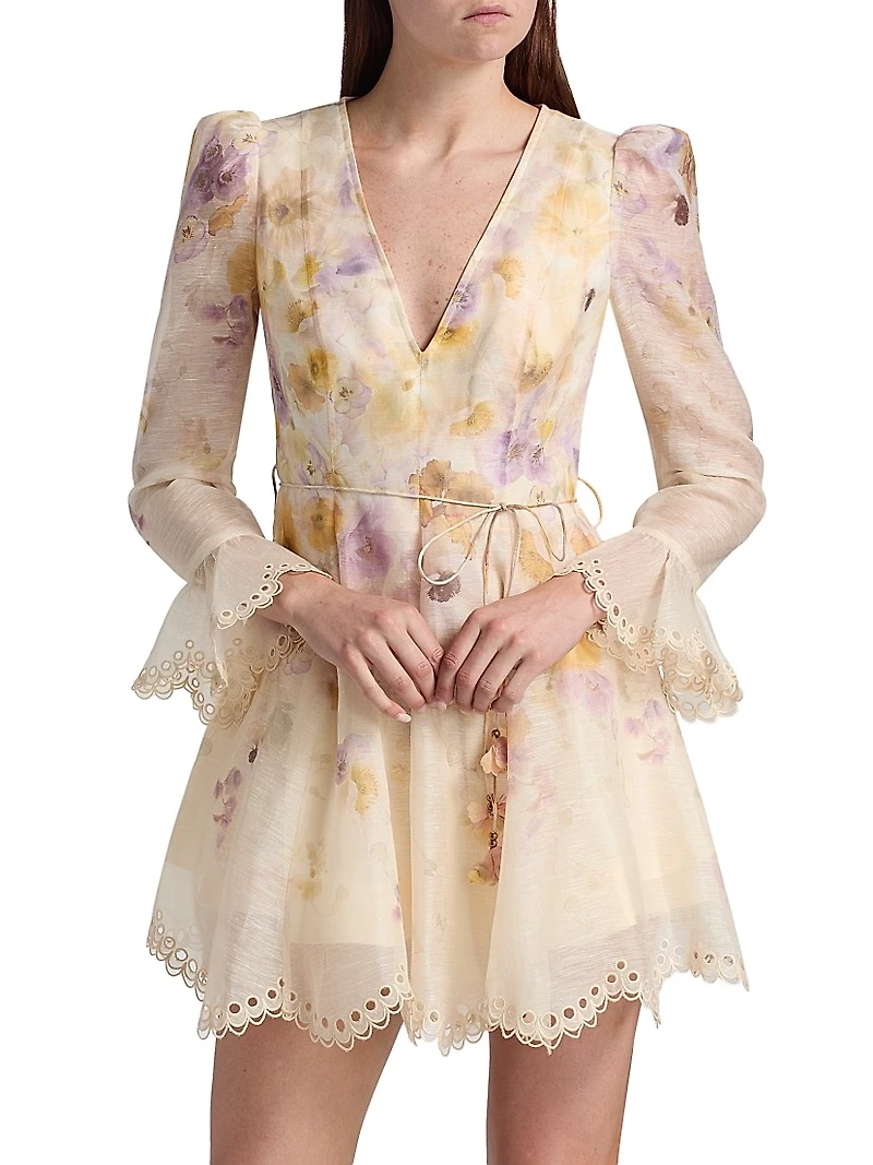 Memento Embroidered Linen-Silk Tie-Waist Minidress