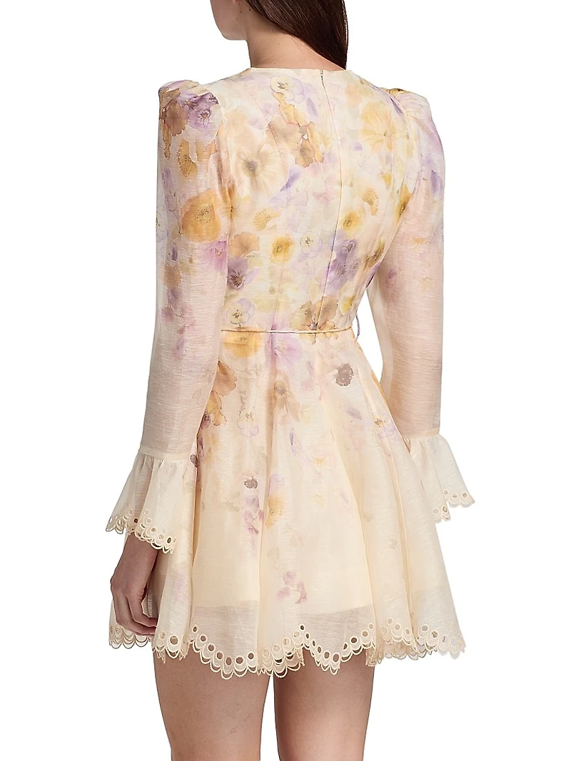 Memento Embroidered Linen-Silk Tie-Waist Minidress