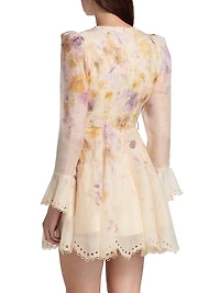 Memento Embroidered Linen-Silk Tie-Waist Minidress