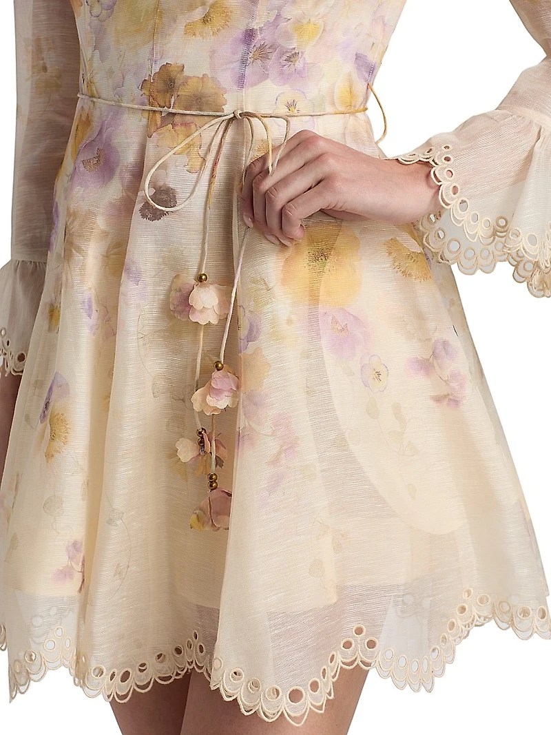 Memento Embroidered Linen-Silk Tie-Waist Minidress