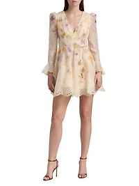 Memento Embroidered Linen-Silk Tie-Waist Minidress