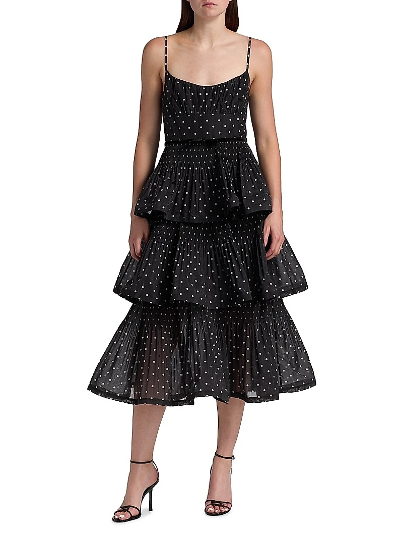 Polka Dot Pleated Tiered Midi-Dress