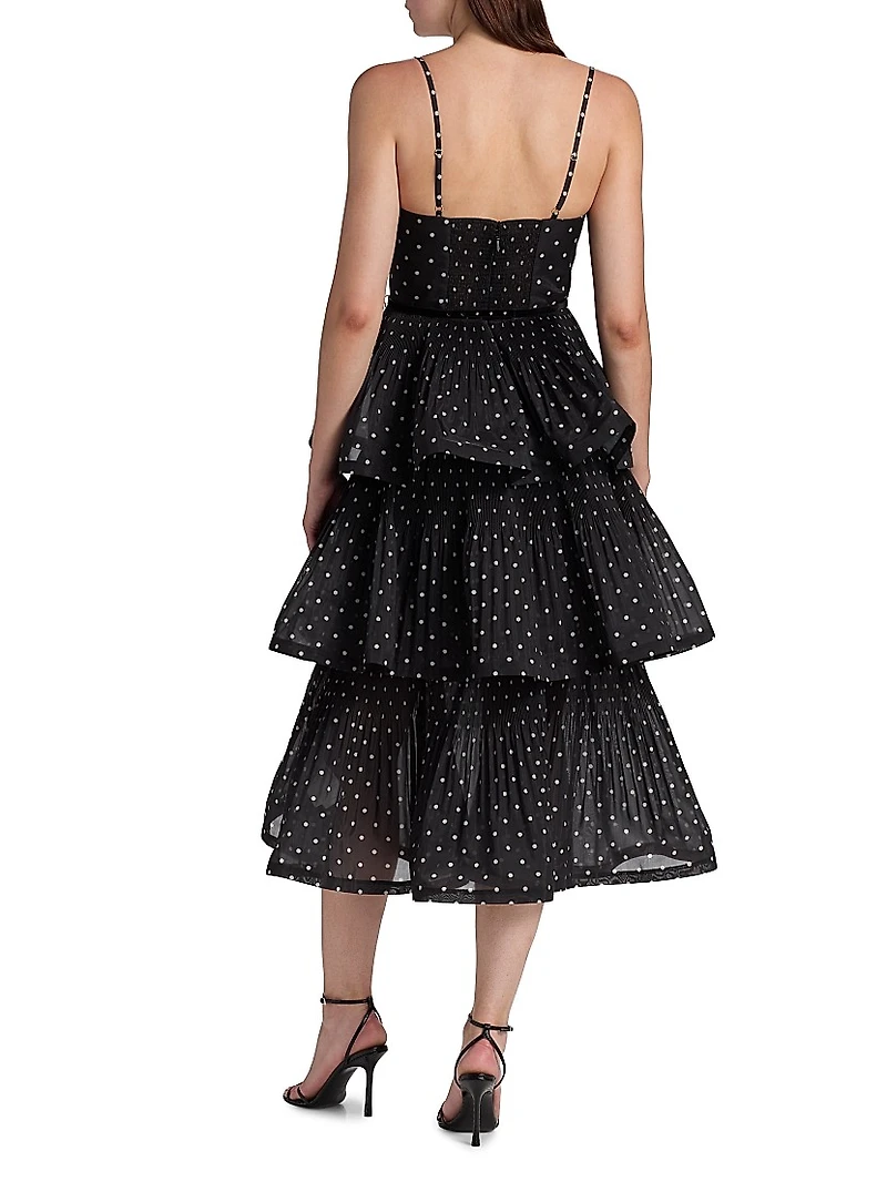 Polka Dot Pleated Tiered Midi-Dress